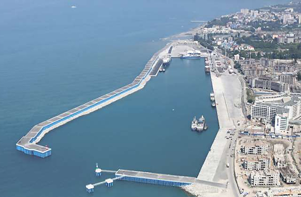 Cargo terminal at the mouth of the river Mzymta. Port  of  Sochi (Black 